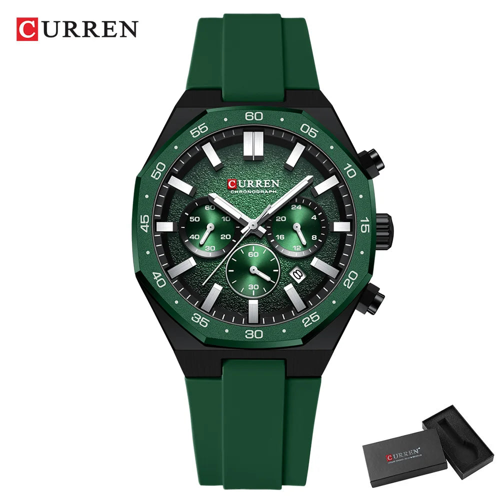 CURREN Men's Sports Chronograph Watch with Silicone Strap Multifunction Dial with Date Luminous Hands Casual Quartz Wristwatch