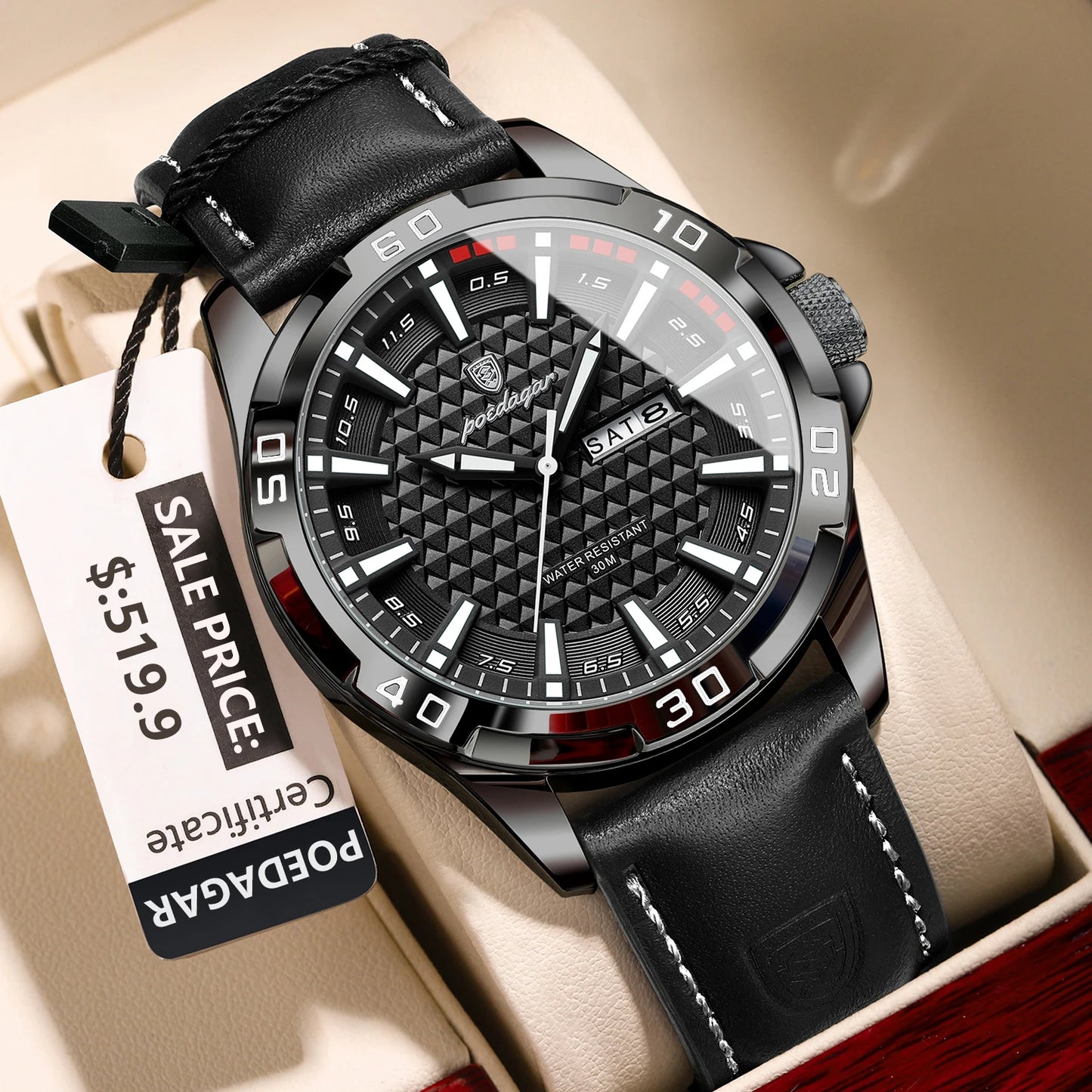 POEDAGAR Original Man Wristwatch Top Luxury Waterproof Luminous Date Week Watch For Men Quartz Sport Leather Men's Watches Reloj