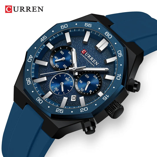 CURREN Men's Sports Chronograph Watch with Silicone Strap Multifunction Dial with Date Luminous Hands Casual Quartz Wristwatch
