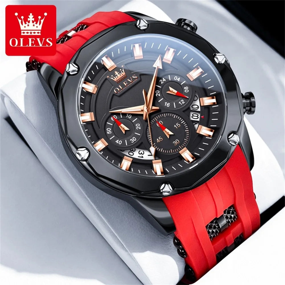 OLEVS Man Watch Original Silicone Strap Multifunction Quartz Wrist Watch for Men Fashion Chronograph Sport Waterproof Watch 9991