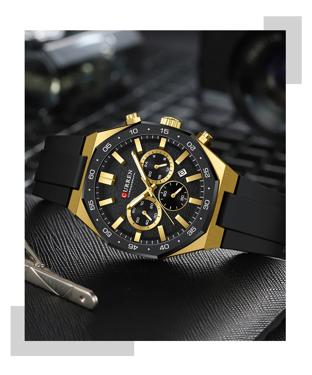CURREN Men's Sports Chronograph Watch with Silicone Strap Multifunction Dial with Date Luminous Hands Casual Quartz Wristwatch