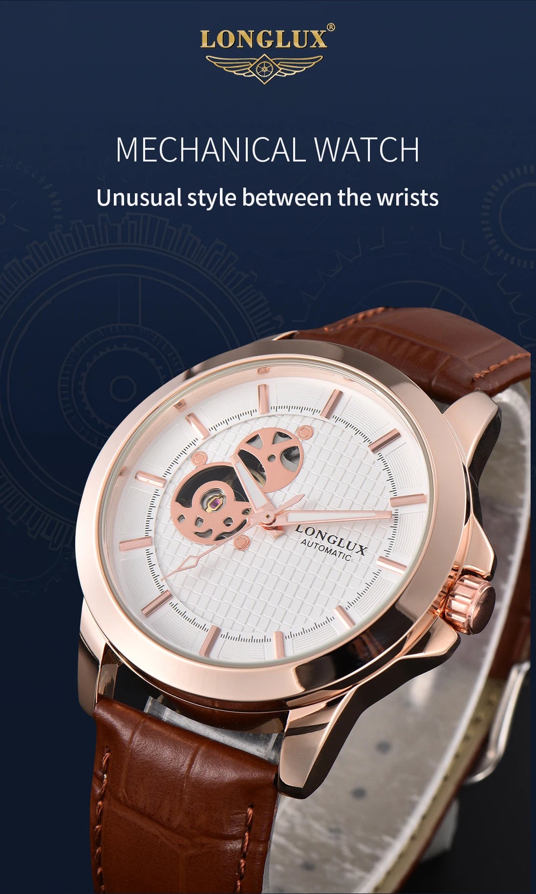 Automatic watch minimalist elegant everyday skeleton waterproof mechanical watches rose gold leather mens watch men gift for him