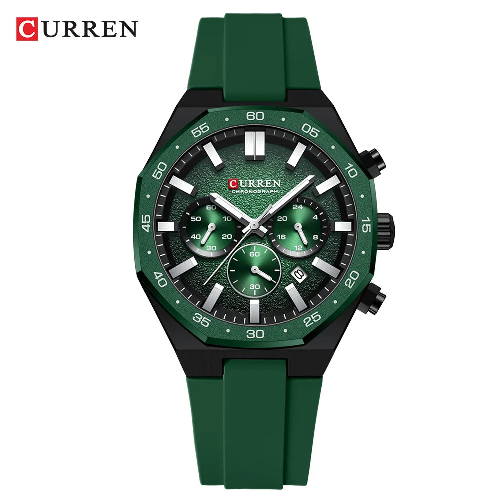 CURREN Men's Sports Chronograph Watch with Silicone Strap Multifunction Dial with Date Luminous Hands Casual Quartz Wristwatch