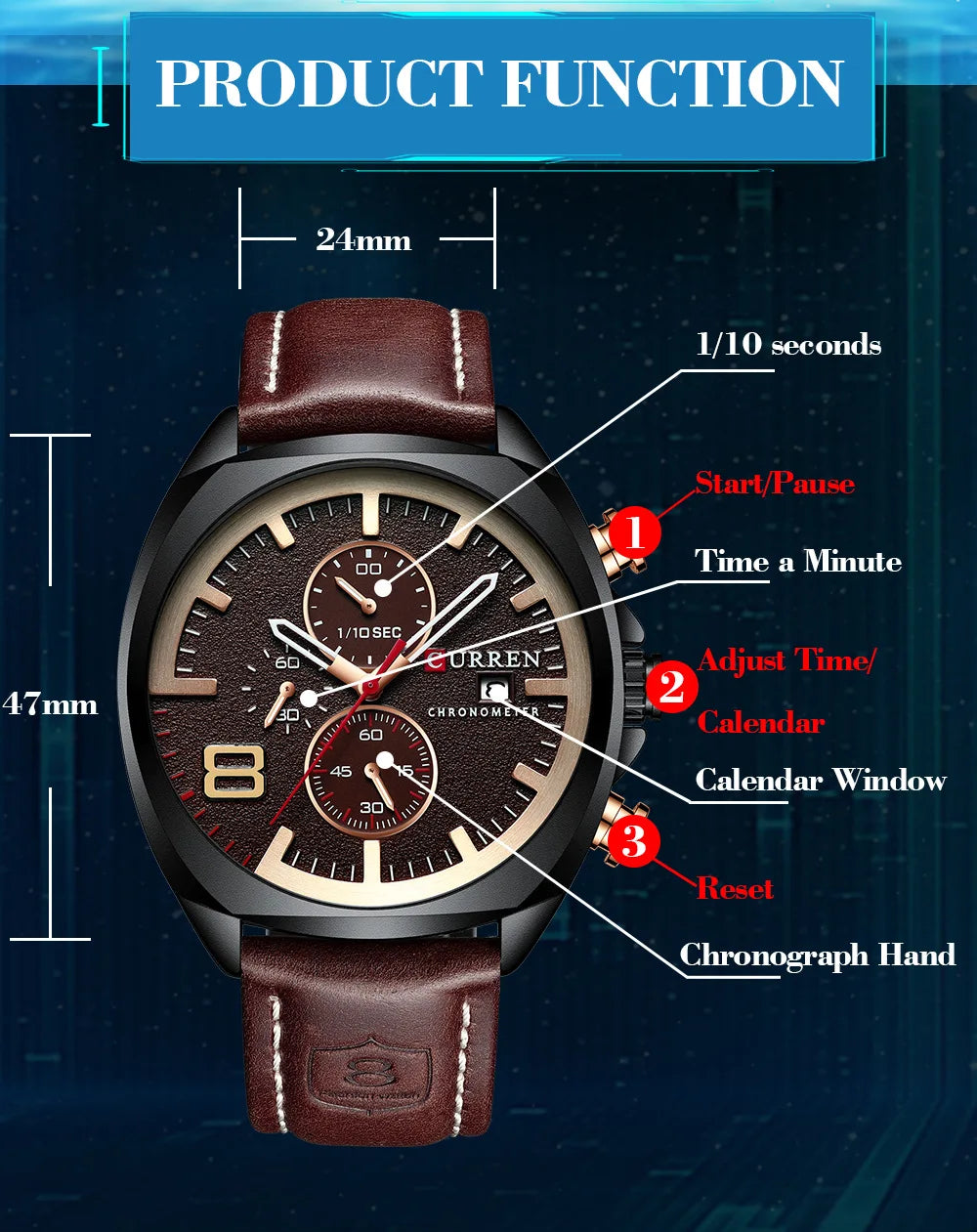 CURREN 8324 Classic Quartz Watch Round Waterproof Leather-strap Watch, Minimalist Six-hand Multifunctional Calendar Watch