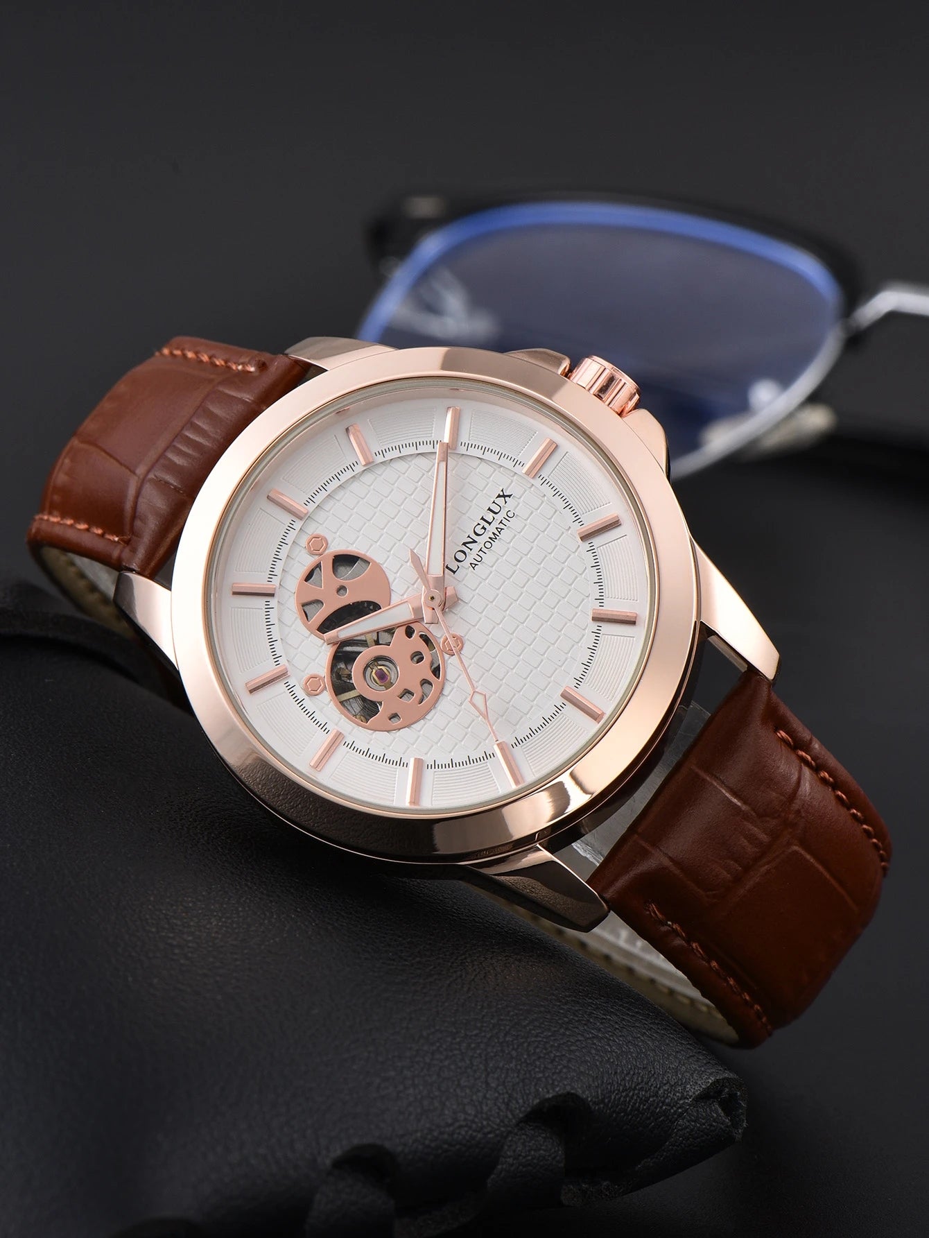 Automatic watch minimalist elegant everyday skeleton waterproof mechanical watches rose gold leather mens watch men gift for him