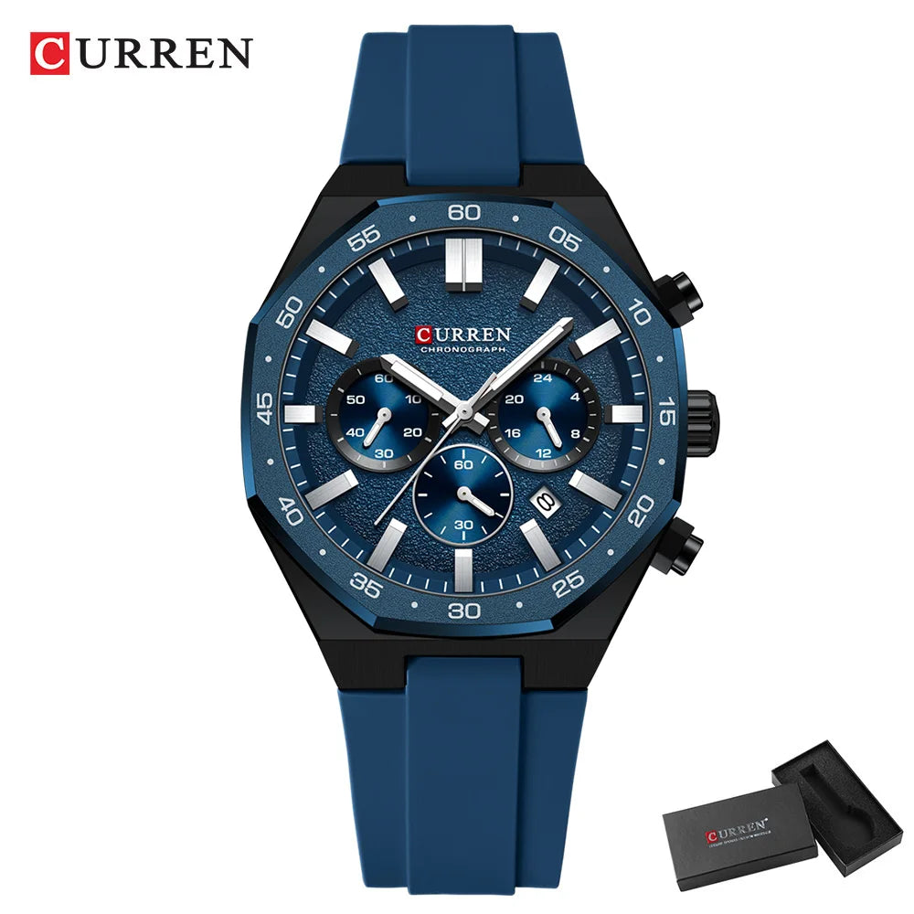 CURREN Men's Sports Chronograph Watch with Silicone Strap Multifunction Dial with Date Luminous Hands Casual Quartz Wristwatch