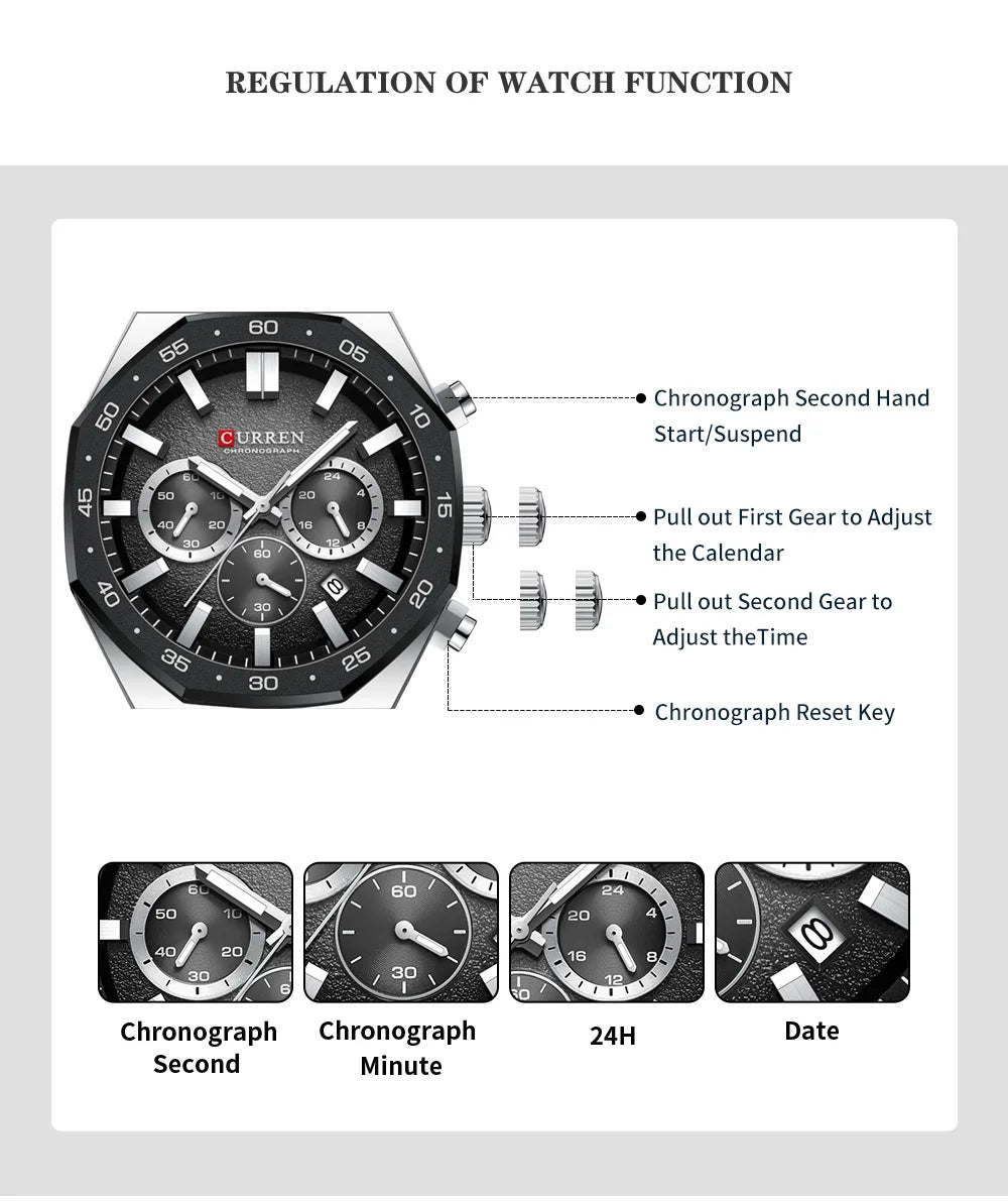 CURREN Men's Sports Chronograph Watch with Silicone Strap Multifunction Dial with Date Luminous Hands Casual Quartz Wristwatch