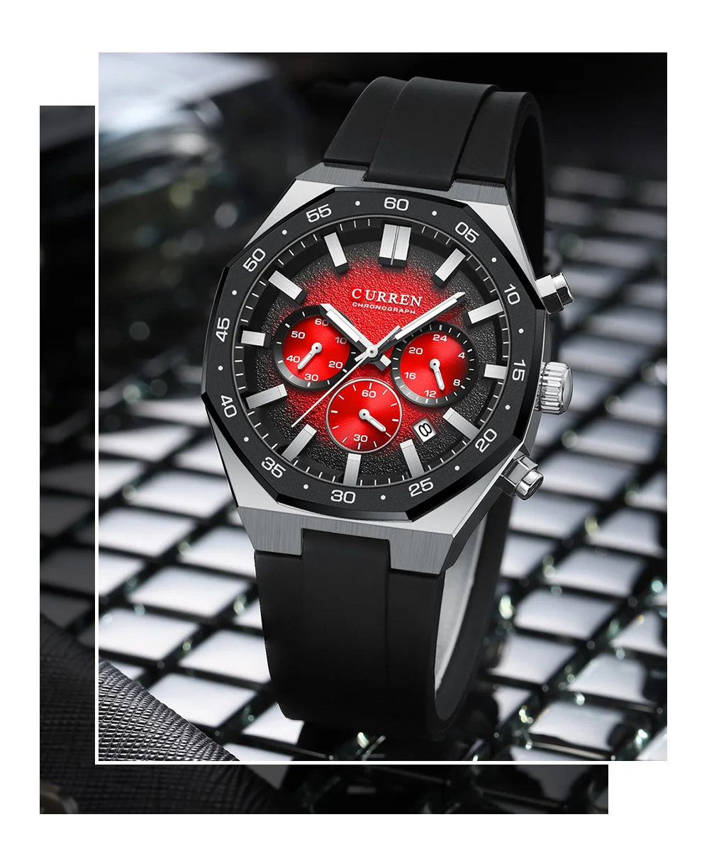 CURREN Men's Sports Chronograph Watch with Silicone Strap Multifunction Dial with Date Luminous Hands Casual Quartz Wristwatch