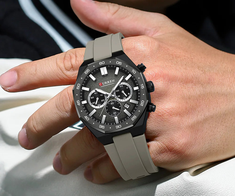CURREN Men's Sports Chronograph Watch with Silicone Strap Multifunction Dial with Date Luminous Hands Casual Quartz Wristwatch