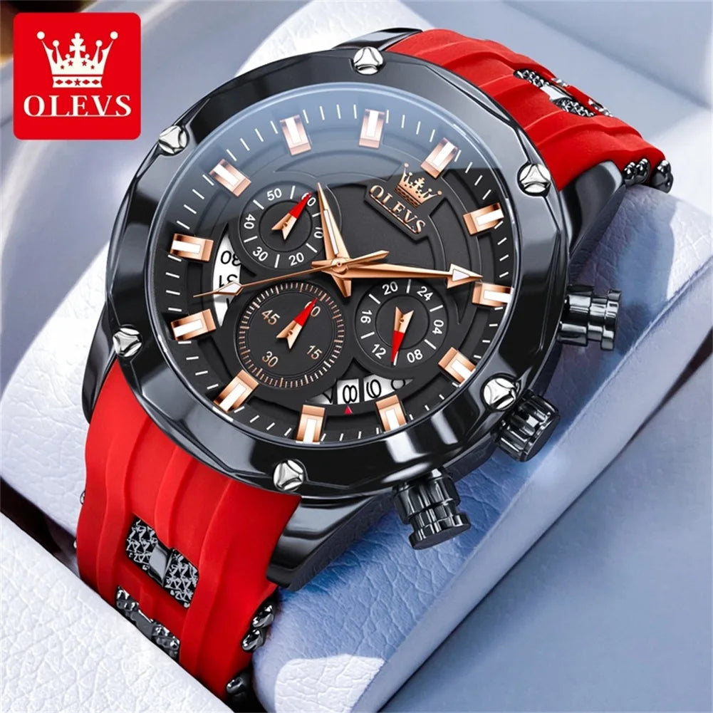 OLEVS Man Watch Original Silicone Strap Multifunction Quartz Wrist Watch for Men Fashion Chronograph Sport Waterproof Watch 9991