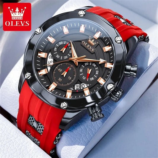 OLEVS Man Watch Original Silicone Strap Multifunction Quartz Wrist Watch for Men Fashion Chronograph Sport Waterproof Watch 9991