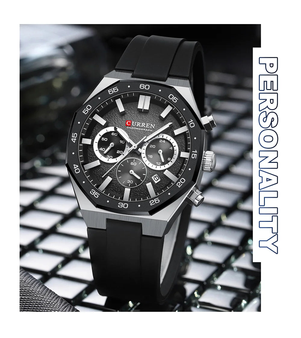 CURREN Men's Sports Chronograph Watch with Silicone Strap Multifunction Dial with Date Luminous Hands Casual Quartz Wristwatch