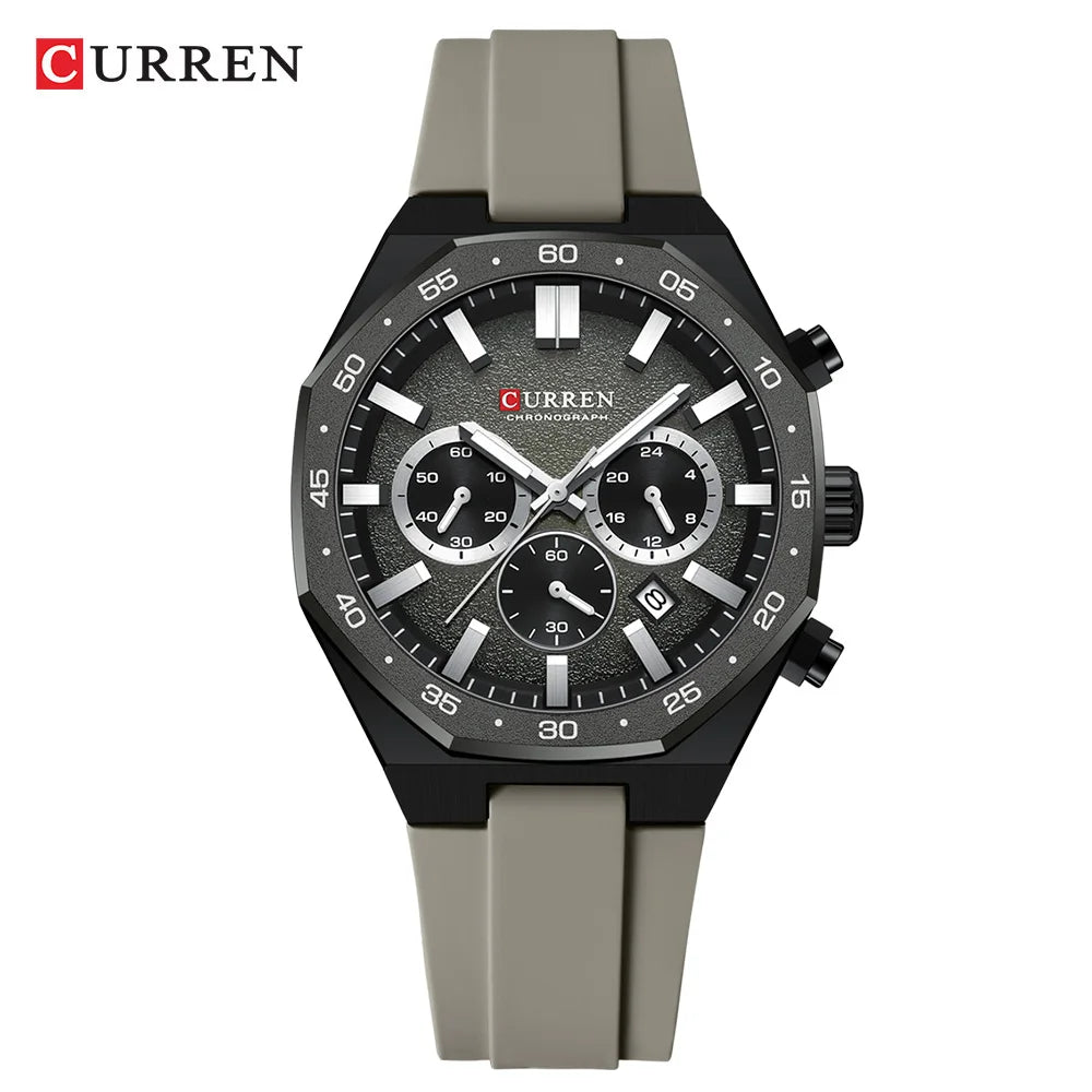 CURREN Men's Sports Chronograph Watch with Silicone Strap Multifunction Dial with Date Luminous Hands Casual Quartz Wristwatch