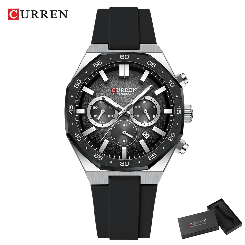 CURREN Men's Sports Chronograph Watch with Silicone Strap Multifunction Dial with Date Luminous Hands Casual Quartz Wristwatch