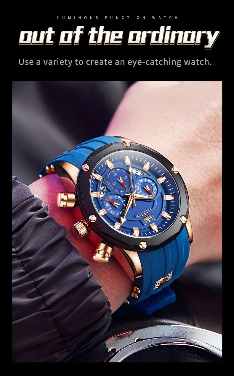 OLEVS Man Watch Original Silicone Strap Multifunction Quartz Wrist Watch for Men Fashion Chronograph Sport Waterproof Watch 9991