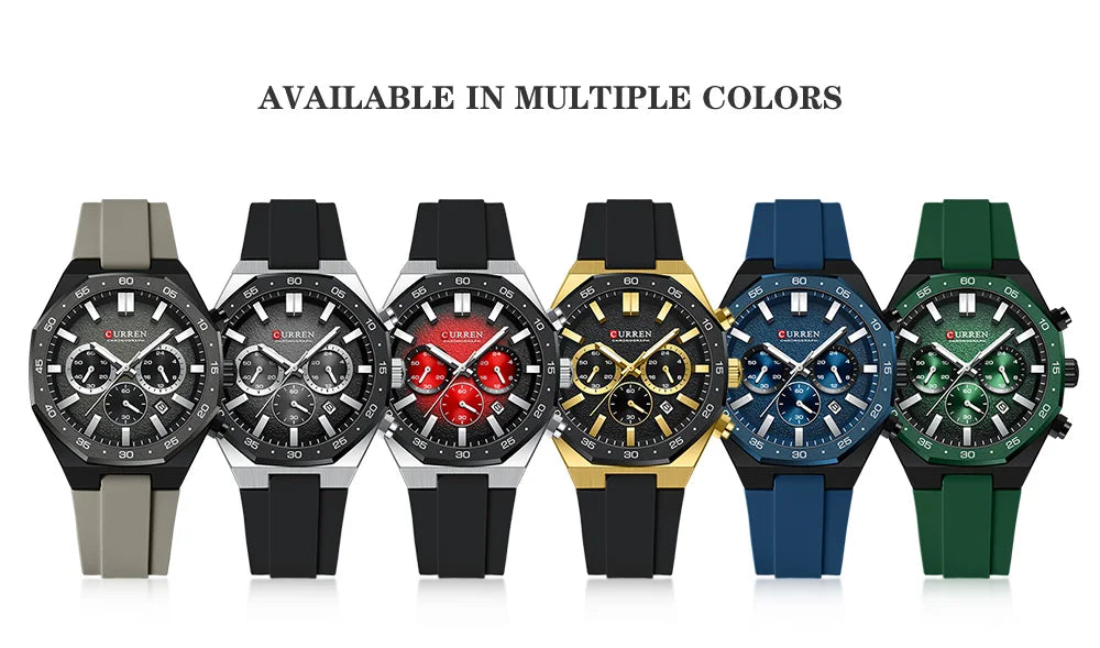 CURREN Men's Sports Chronograph Watch with Silicone Strap Multifunction Dial with Date Luminous Hands Casual Quartz Wristwatch