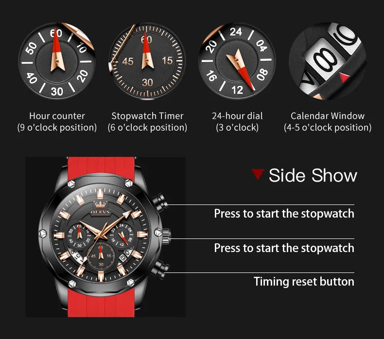 OLEVS Man Watch Original Silicone Strap Multifunction Quartz Wrist Watch for Men Fashion Chronograph Sport Waterproof Watch 9991