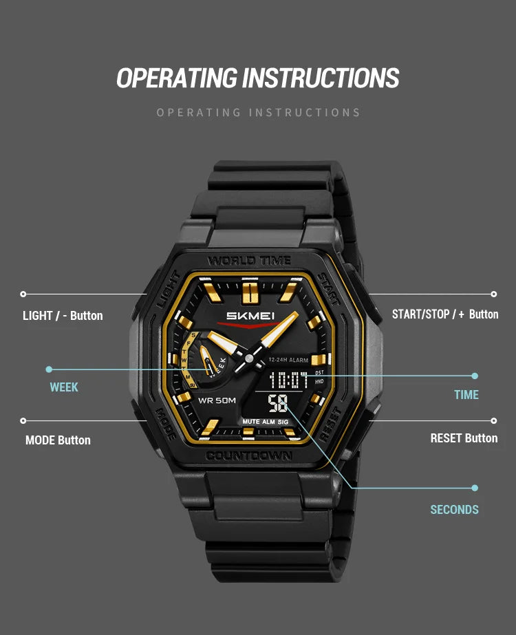 SKMEI 2438 Business Original Quartz Digital Dual Sports Military Watch Men's Electronic Watch LED Digital Watches reloj hombre