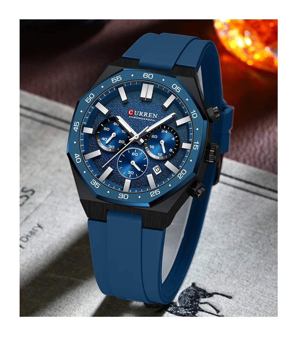 CURREN Men's Sports Chronograph Watch with Silicone Strap Multifunction Dial with Date Luminous Hands Casual Quartz Wristwatch