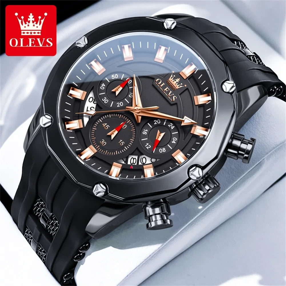 OLEVS Man Watch Original Silicone Strap Multifunction Quartz Wrist Watch for Men Fashion Chronograph Sport Waterproof Watch 9991