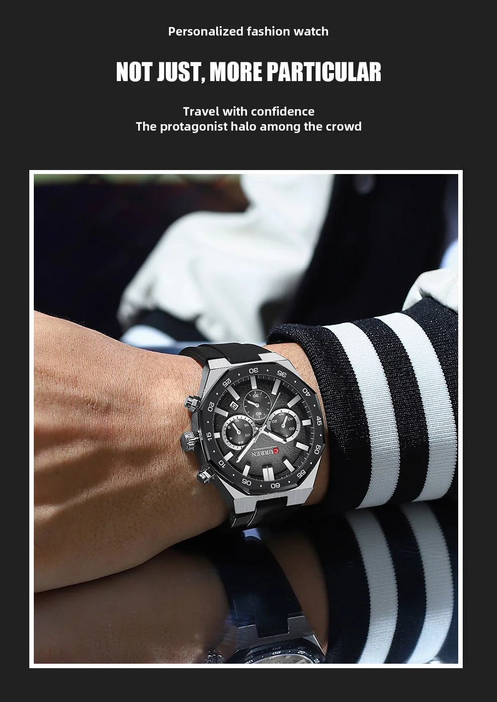 CURREN Men's Sports Chronograph Watch with Silicone Strap Multifunction Dial with Date Luminous Hands Casual Quartz Wristwatch