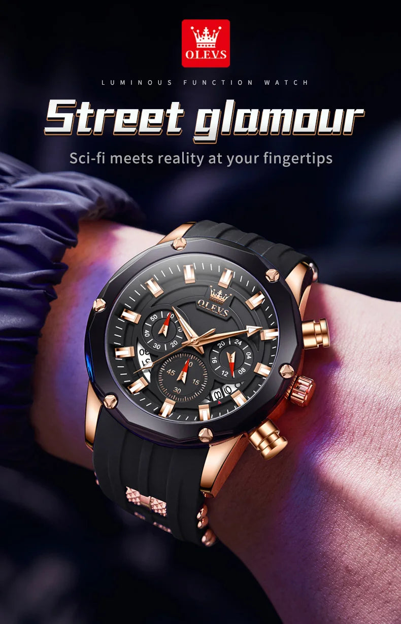 OLEVS Man Watch Original Silicone Strap Multifunction Quartz Wrist Watch for Men Fashion Chronograph Sport Waterproof Watch 9991