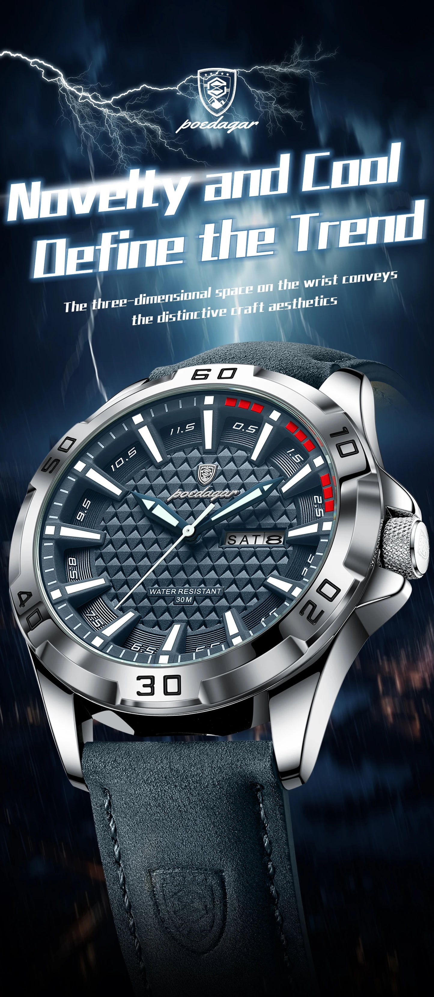 POEDAGAR Original Man Wristwatch Top Luxury Waterproof Luminous Date Week Watch For Men Quartz Sport Leather Men's Watches Reloj