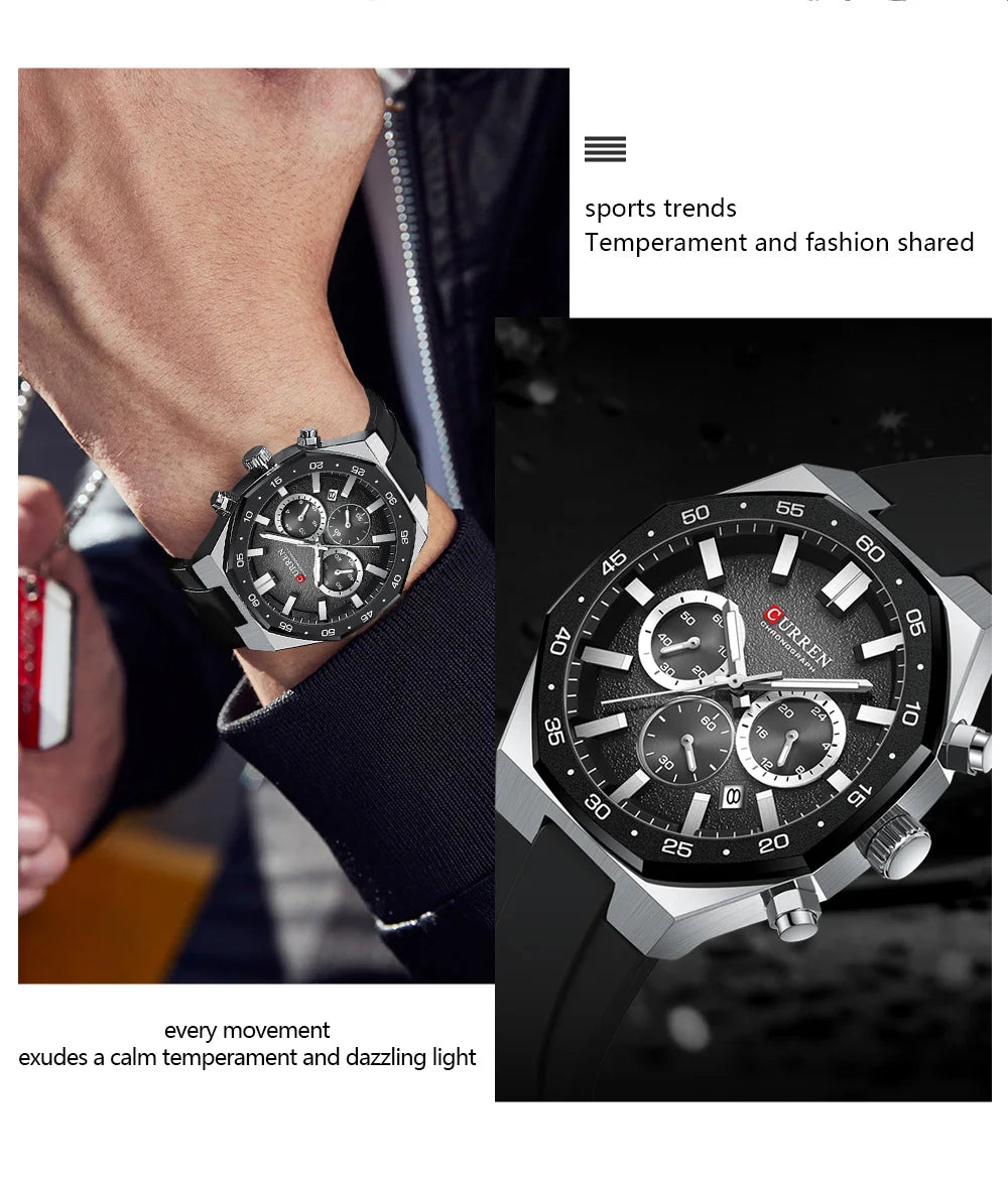 CURREN Men's Sports Chronograph Watch with Silicone Strap Multifunction Dial with Date Luminous Hands Casual Quartz Wristwatch