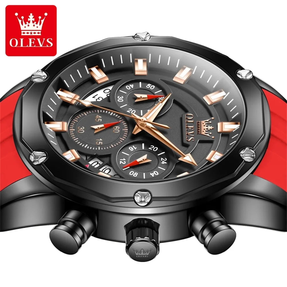 OLEVS Man Watch Original Silicone Strap Multifunction Quartz Wrist Watch for Men Fashion Chronograph Sport Waterproof Watch 9991