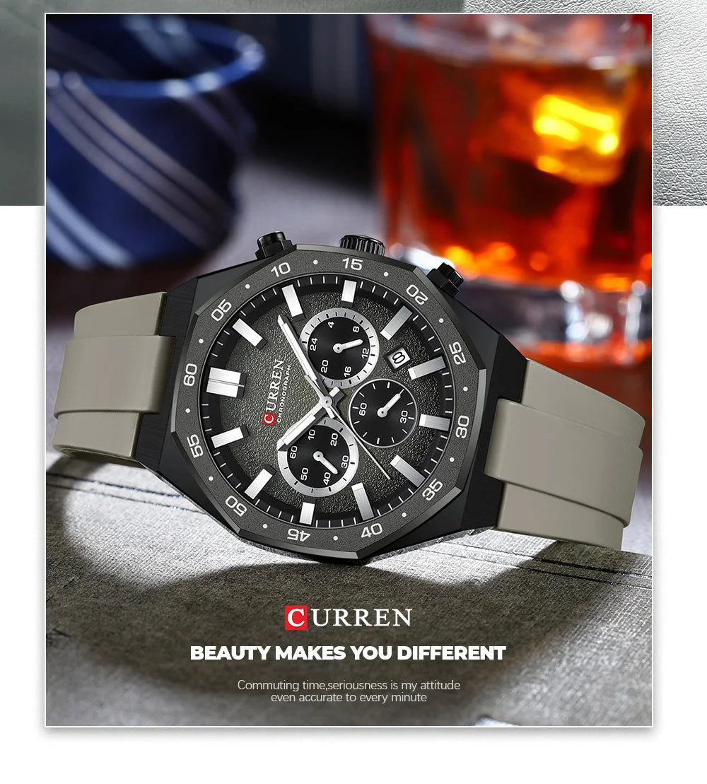 CURREN Men's Sports Chronograph Watch with Silicone Strap Multifunction Dial with Date Luminous Hands Casual Quartz Wristwatch