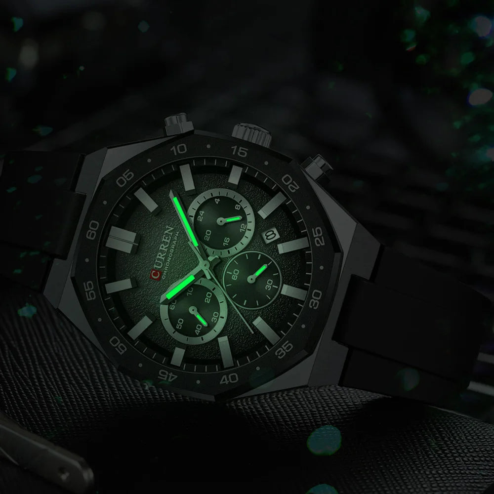 CURREN Men's Sports Chronograph Watch with Silicone Strap Multifunction Dial with Date Luminous Hands Casual Quartz Wristwatch