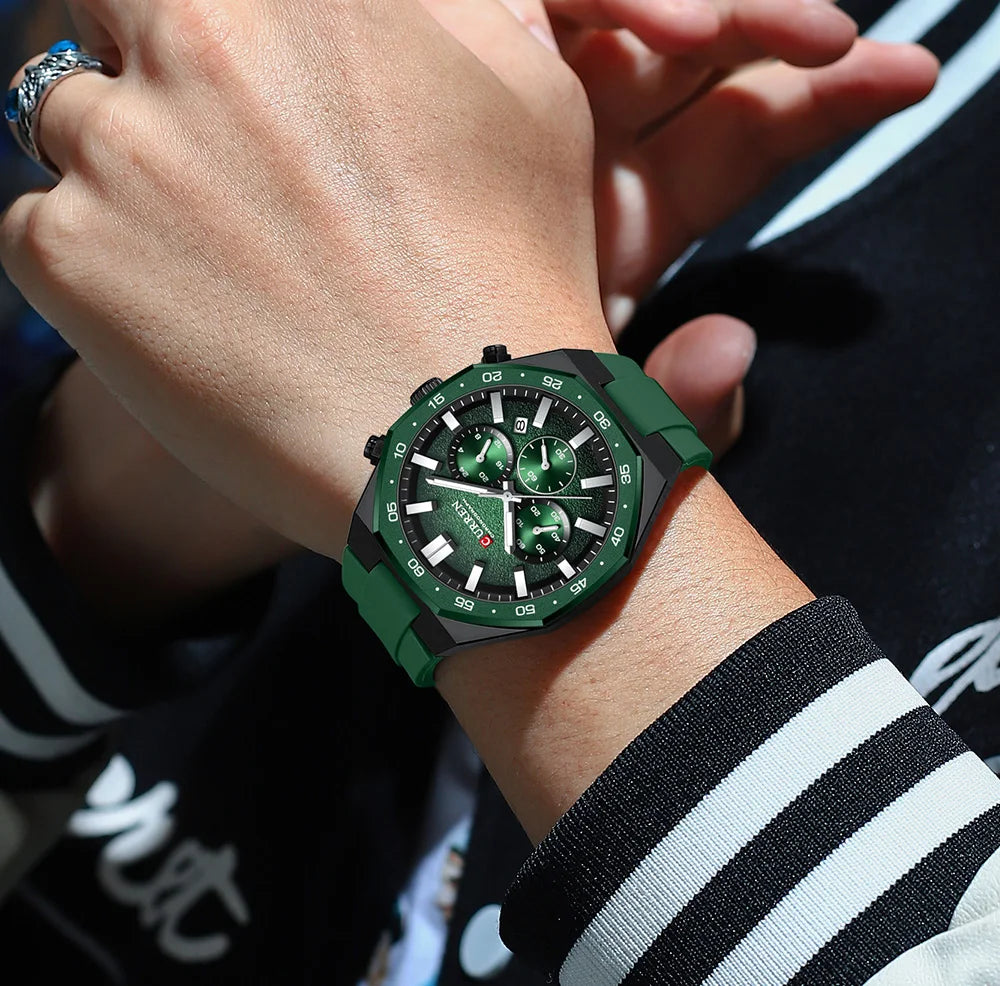 CURREN Men's Sports Chronograph Watch with Silicone Strap Multifunction Dial with Date Luminous Hands Casual Quartz Wristwatch