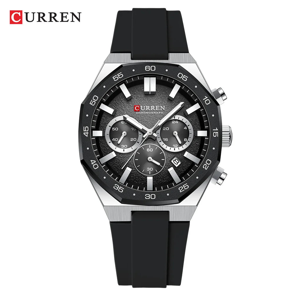 CURREN Men's Sports Chronograph Watch with Silicone Strap Multifunction Dial with Date Luminous Hands Casual Quartz Wristwatch
