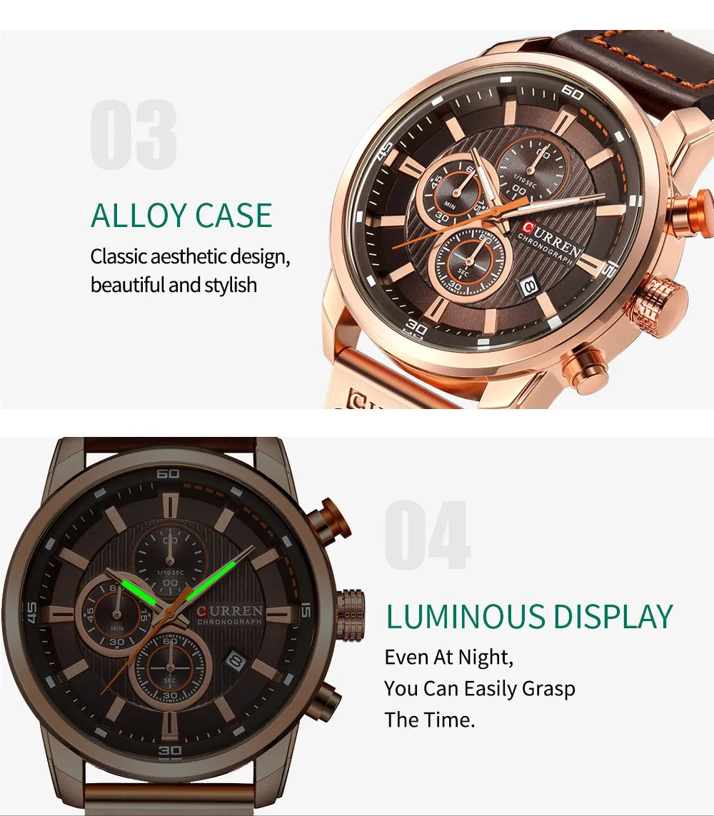 CURREN 8291 Mens Quartz Chronograph Watch Casual Leather Military Sport Fashion Gentleman Wristwatch