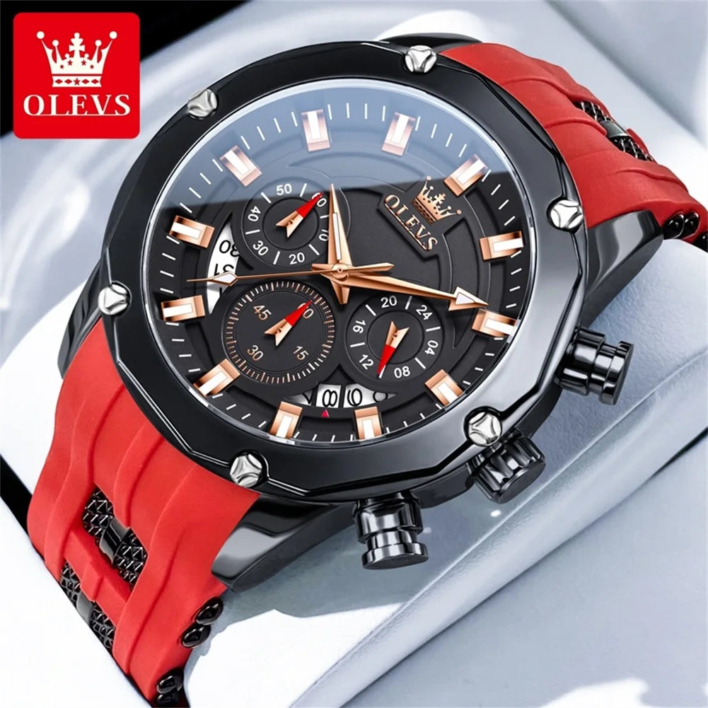 OLEVS Man Watch Original Silicone Strap Multifunction Quartz Wrist Watch for Men Fashion Chronograph Sport Waterproof Watch 9991