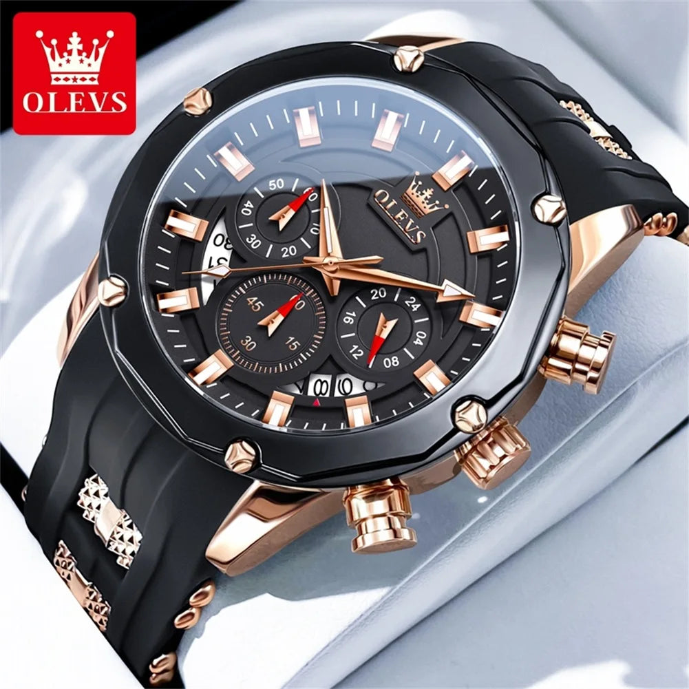 OLEVS Man Watch Original Silicone Strap Multifunction Quartz Wrist Watch for Men Fashion Chronograph Sport Waterproof Watch 9991