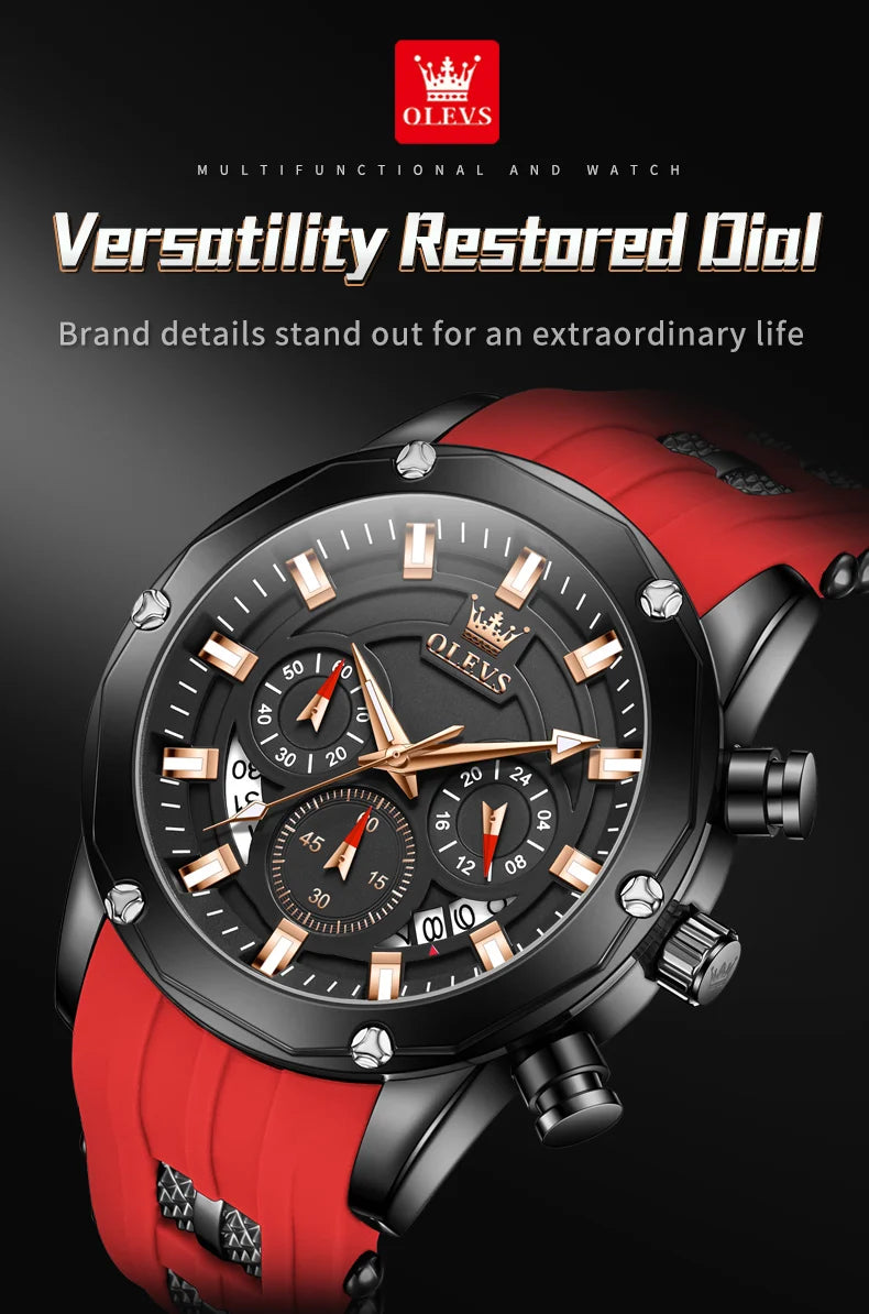 OLEVS Man Watch Original Silicone Strap Multifunction Quartz Wrist Watch for Men Fashion Chronograph Sport Waterproof Watch 9991