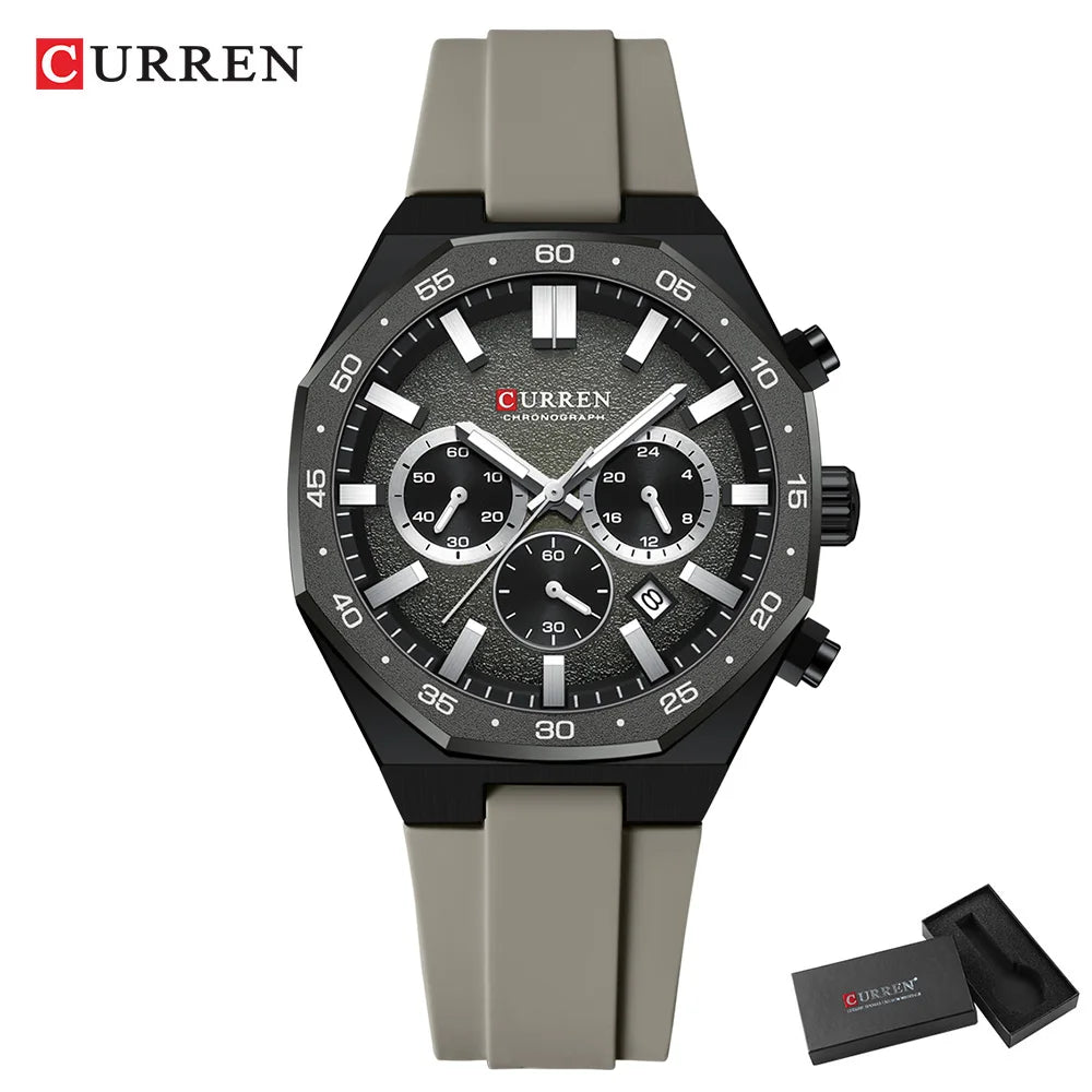 CURREN Men's Sports Chronograph Watch with Silicone Strap Multifunction Dial with Date Luminous Hands Casual Quartz Wristwatch