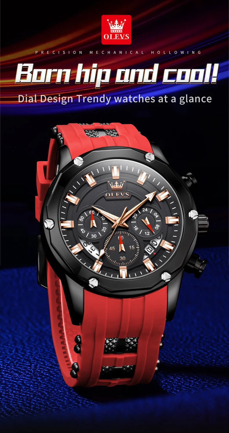 OLEVS Man Watch Original Silicone Strap Multifunction Quartz Wrist Watch for Men Fashion Chronograph Sport Waterproof Watch 9991