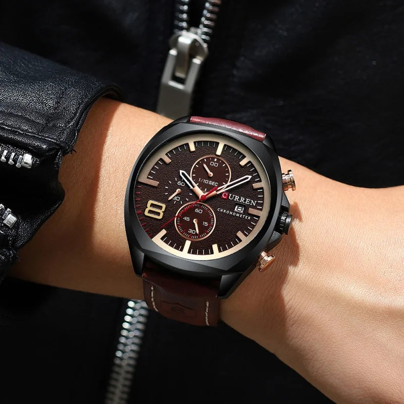 CURREN 8324 Classic Quartz Watch Round Waterproof Leather-strap Watch, Minimalist Six-hand Multifunctional Calendar Watch