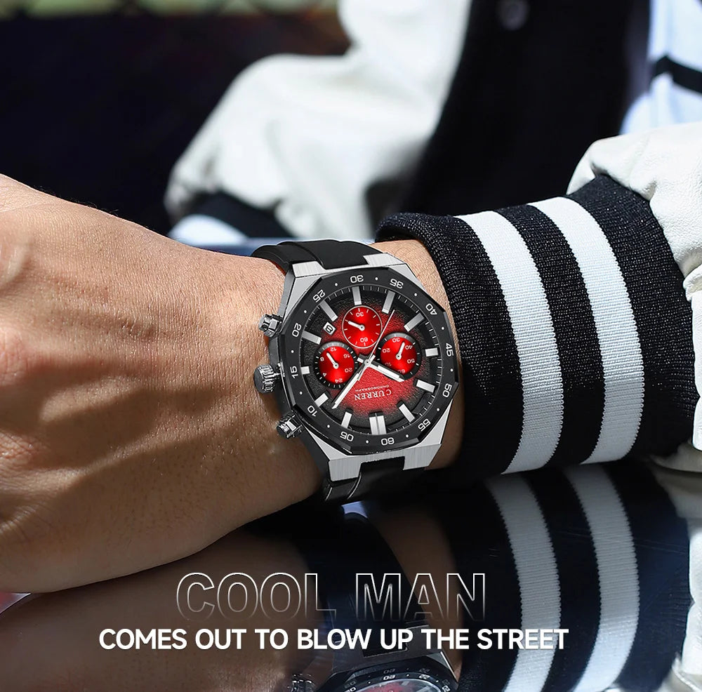 CURREN Men's Sports Chronograph Watch with Silicone Strap Multifunction Dial with Date Luminous Hands Casual Quartz Wristwatch