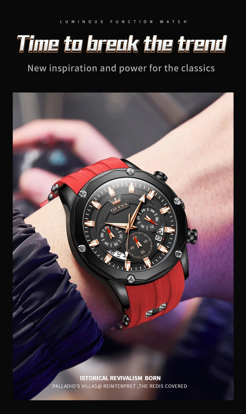 OLEVS Man Watch Original Silicone Strap Multifunction Quartz Wrist Watch for Men Fashion Chronograph Sport Waterproof Watch 9991