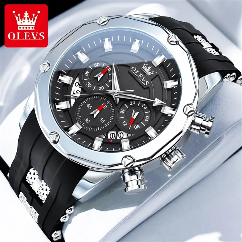 OLEVS Man Watch Original Silicone Strap Multifunction Quartz Wrist Watch for Men Fashion Chronograph Sport Waterproof Watch 9991