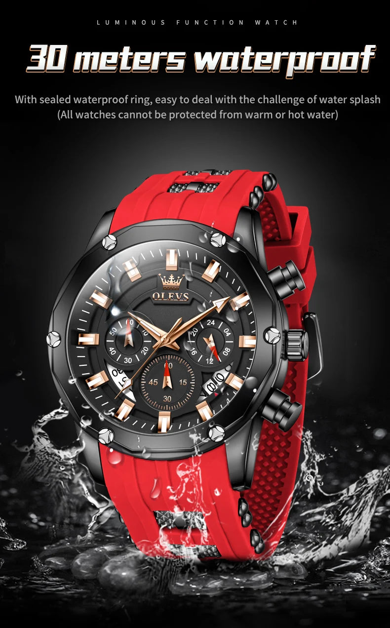 OLEVS Man Watch Original Silicone Strap Multifunction Quartz Wrist Watch for Men Fashion Chronograph Sport Waterproof Watch 9991