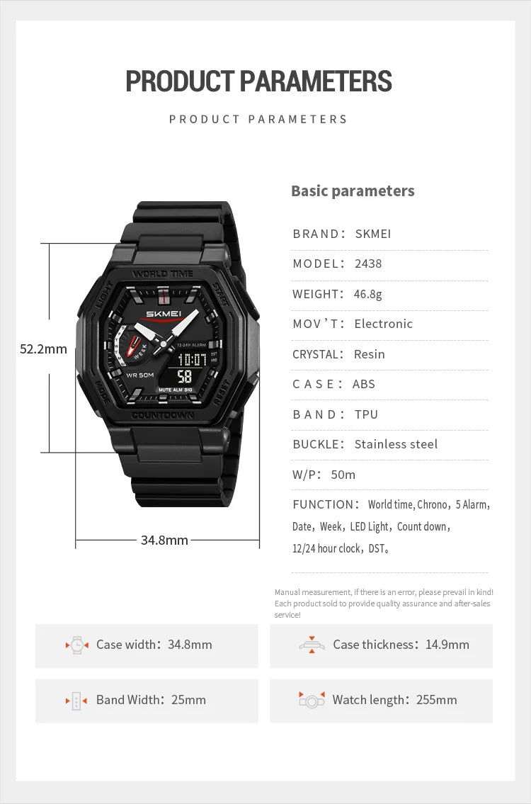SKMEI 2438 Business Original Quartz Digital Dual Sports Military Watch Men's Electronic Watch LED Digital Watches reloj hombre