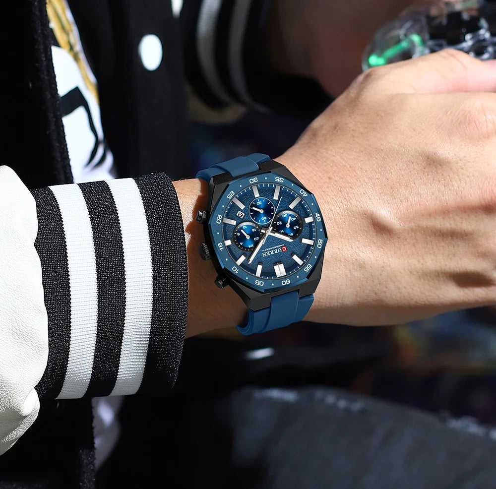CURREN Men's Sports Chronograph Watch with Silicone Strap Multifunction Dial with Date Luminous Hands Casual Quartz Wristwatch
