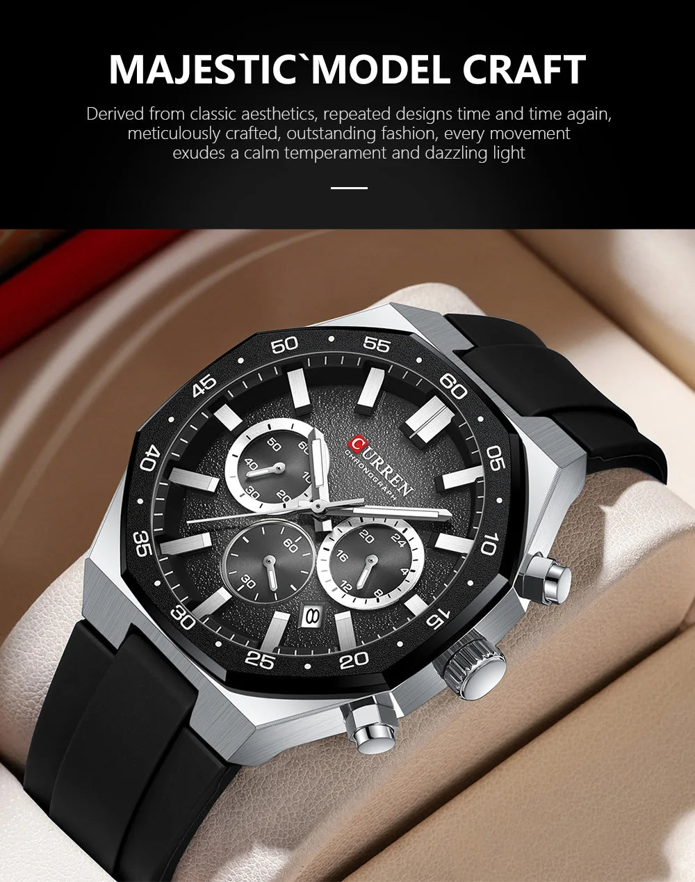 CURREN Men's Sports Chronograph Watch with Silicone Strap Multifunction Dial with Date Luminous Hands Casual Quartz Wristwatch