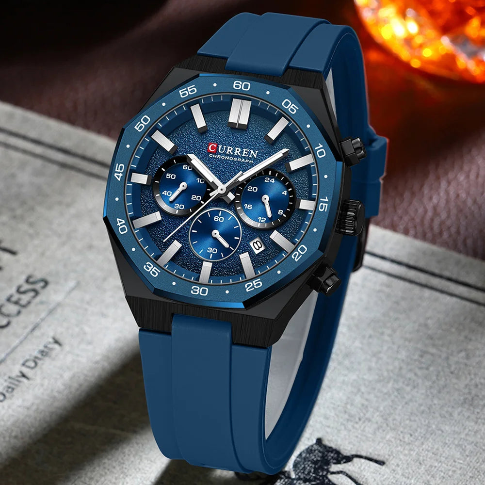 CURREN Men's Sports Chronograph Watch with Silicone Strap Multifunction Dial with Date Luminous Hands Casual Quartz Wristwatch