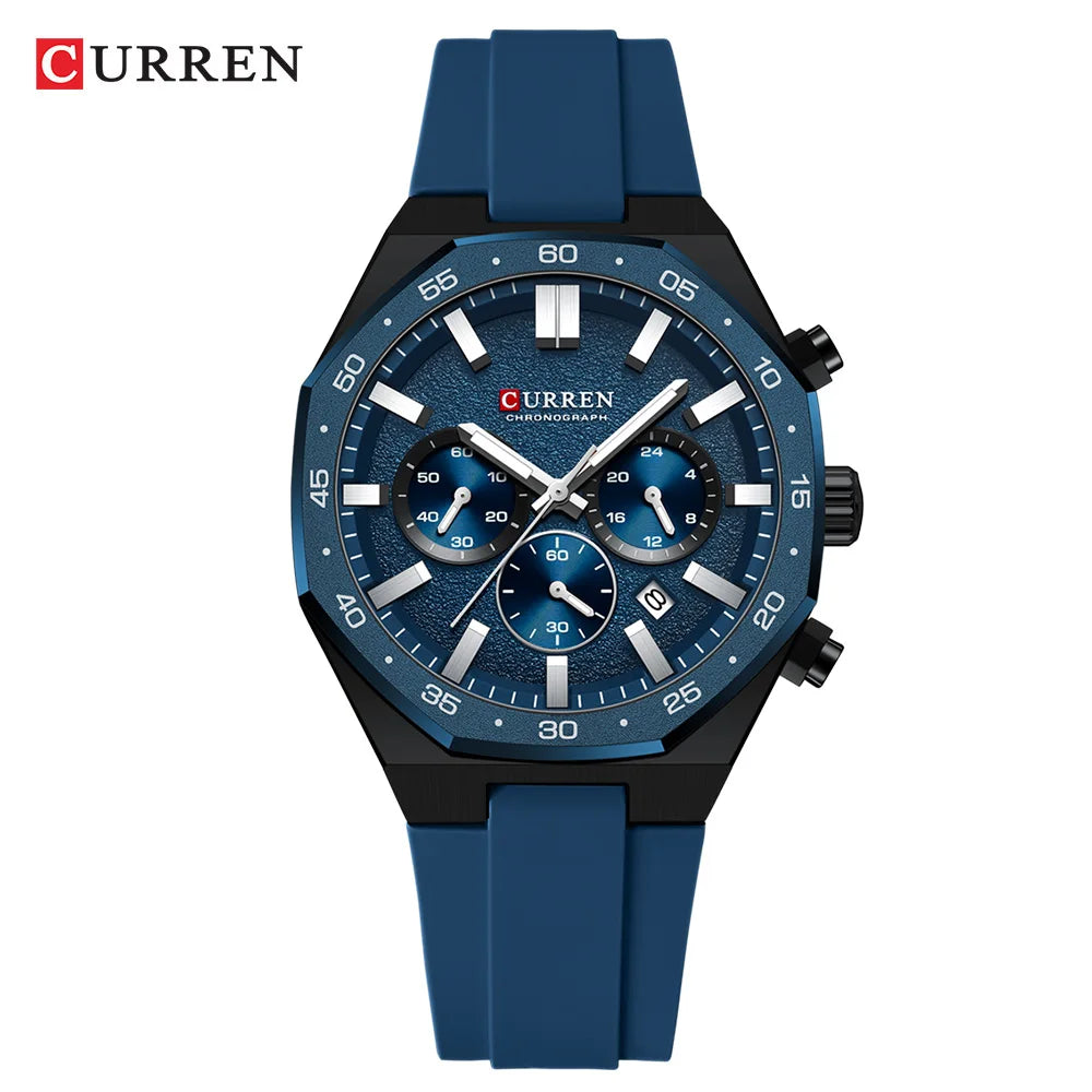 CURREN Men's Sports Chronograph Watch with Silicone Strap Multifunction Dial with Date Luminous Hands Casual Quartz Wristwatch