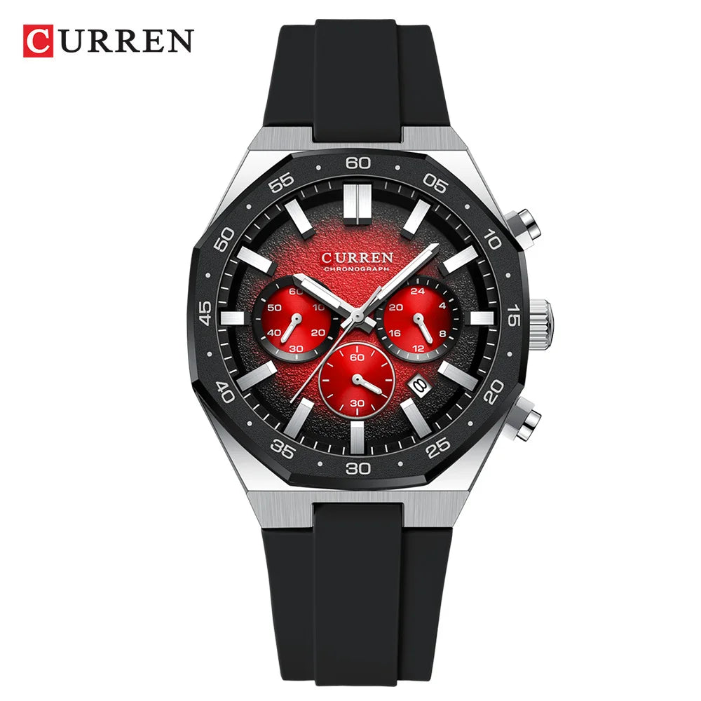 CURREN Men's Sports Chronograph Watch with Silicone Strap Multifunction Dial with Date Luminous Hands Casual Quartz Wristwatch
